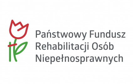 logo Państwowego Funduszu Rehabilitacji Oóśb Niepełnosprawnych, tekst szary na białym tle, po lewej czerwony tulipan przy lasce