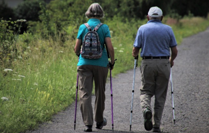 Para seniorów podczas spaceru Nordic Walking, odwróceni tyłem, po lewej teren zielony