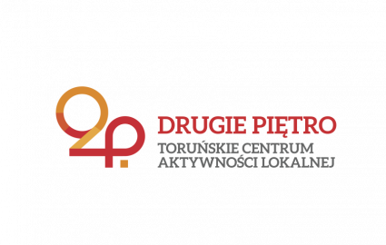 Logo oruńskiego Centrum Aktywności Lokalnej 2.Piętro - 2P DRUGIE PIĘTRO w kolorze pomarańczowo-czerwonym oraz rozwinięcie nazwy Centrum w kolorze szarym. 