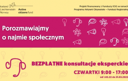 grafika projektu Społecznej Agencji Najmu, na żółtym tle informacja o konsultacjach bezpłatnych