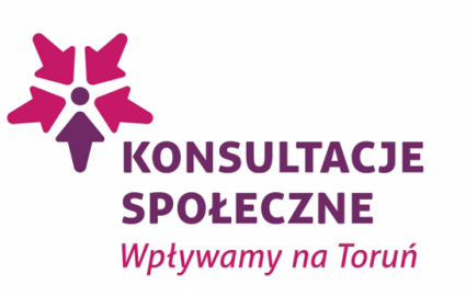 Logotyp konsultacji społecznych:Wpływamy na Toruń - napis w kolorach fioletowych i różowych z gwiazdka w tych samych kolorach