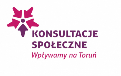 Logotyp konsultacji społecznych:Wpływamy na Toruń - napis w kolorach fioletowych i różowych z gwiazdka w tych samych kolorach