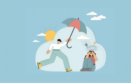 człowiek z parasolem chroni dziecko na błękitnym tle