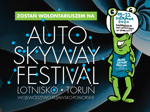 plakat promujący Auto Skyway Festival błękitna turbina samolotu i postać zielonego UFOludka na granatowym tle i białym tekstem Auto Skyway Festival. Lotnisko.