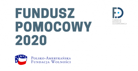 plakat promujący grant, szary tekst Fundusz Pomocowy 2020 na białym tle
