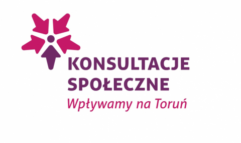 Logotyp konsultacji społecznych:Wpływamy na Toruń - napis w kolorach fioletowych i różowych z gwiazdka w tych samych kolorach