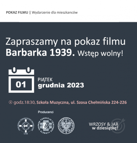 plakat promujący wydarzenie, białe napisy na szarym tle